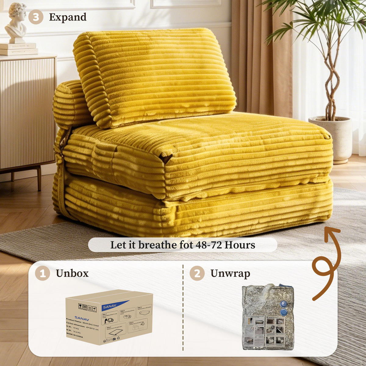 SITZSACK 87x86x40cm Bequem Platzsparend - Gelb, Textil (86/33/87cm) - Raelunyi