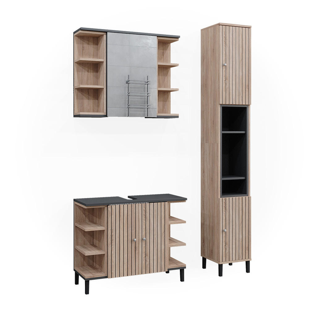 BADMÖBEL-SET Aquis Sonoma 3 Teile, mit Hochschrank - Anthrazit/Sonoma Eiche, Holzwerkstoff (79.6/64/32cm) - Vicco