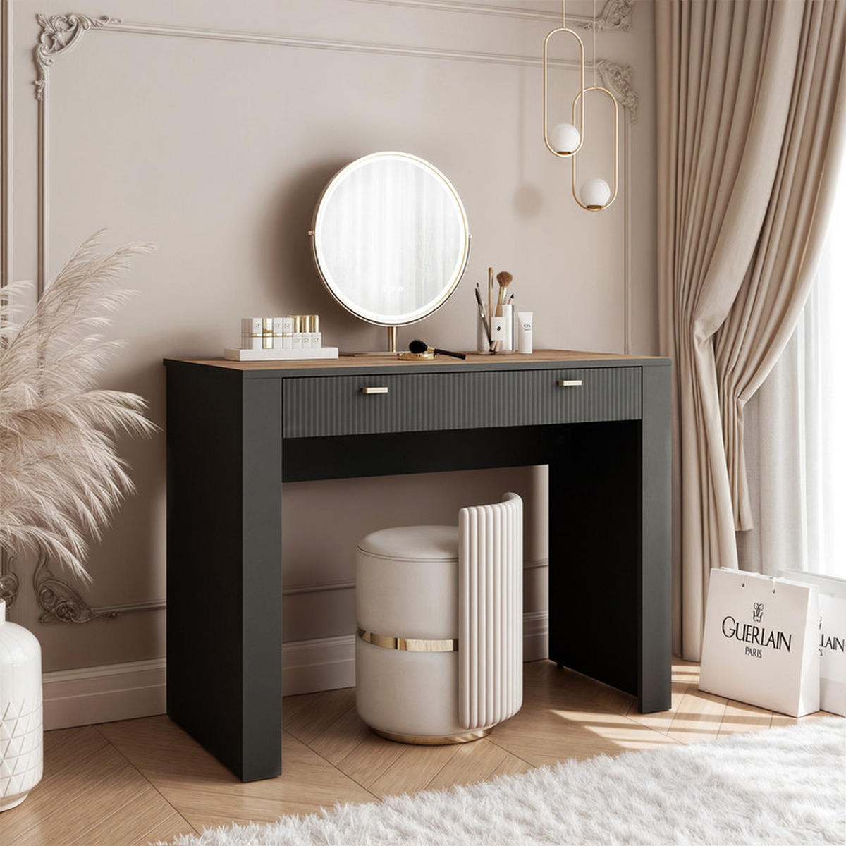 SCHMINKTISCH AVENA mit 2 Schubladen, 102 cm Schwarz/Eiche - Schwarz, Holzwerkstoff/Kunststoff (102/79/50cm) - Idohome