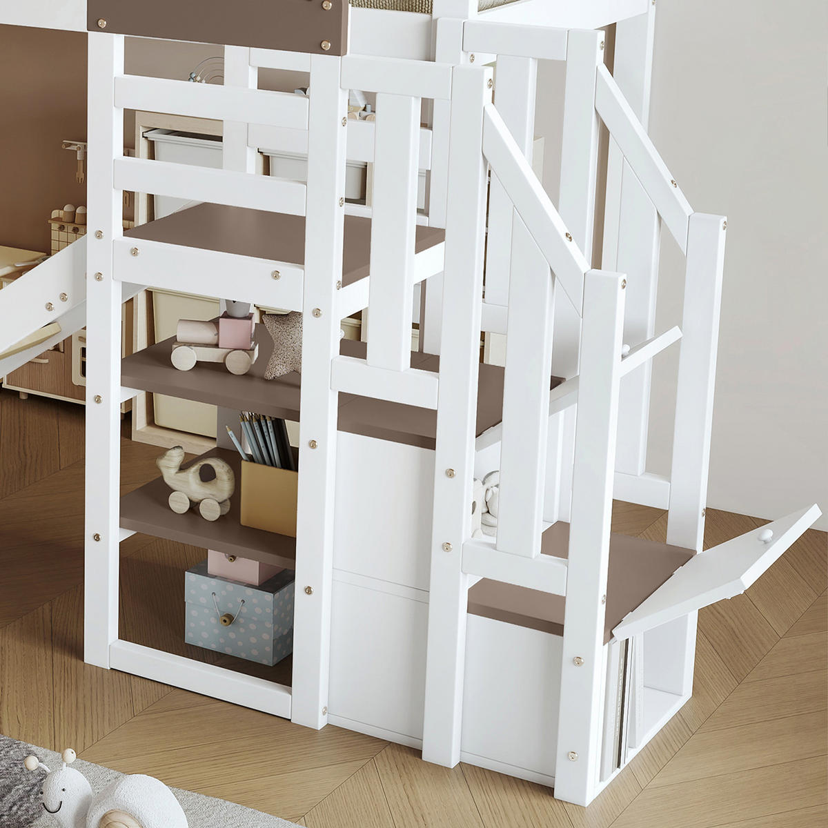 ETAGENBETT 90/200 cm Weiß mit Rutsche und Stauraum aus Kiefer und MDF - Weiß, Holzwerkstoff (90/200cm) - OKWISH