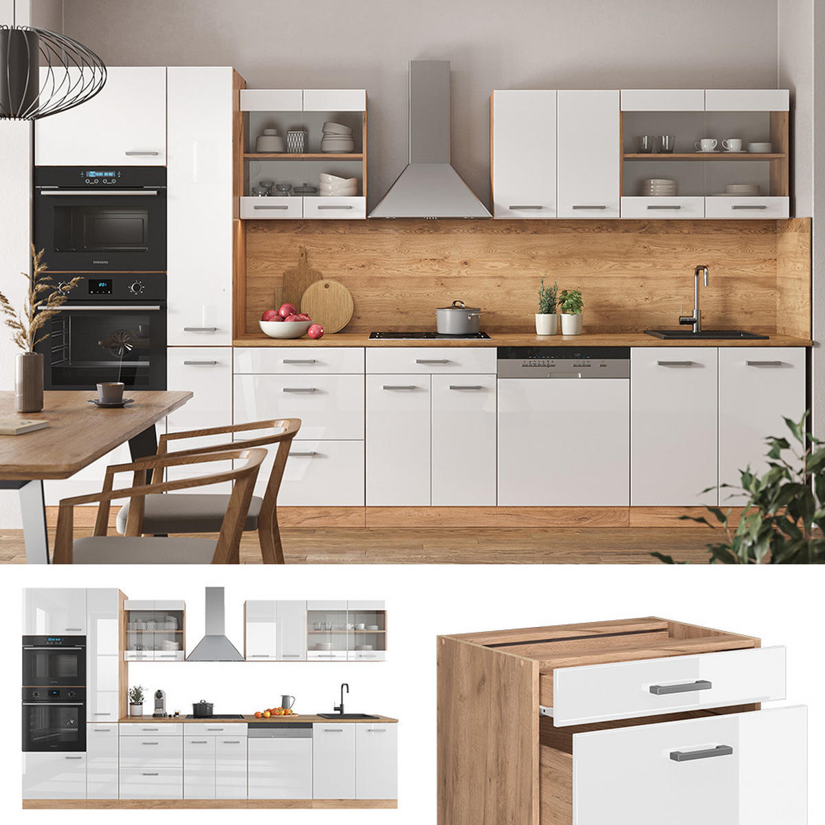 KÜCHENZEILE R-Line Weiß Hochglanz/Goldkraft Eiche 350 cm mit Hochschrank ohne AP - Weiß Hochglanz/Eiche Wotan, Holzwerkstoff (350/81.6/46cm) - Vicco