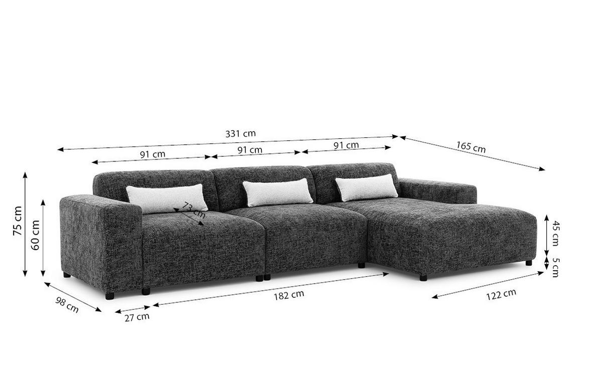 ECKSOFA L Form Jughlio Schwarz 331/165/75 cm Rechts mit Schlaffunktion - Schwarz, Kunststoff/Textil (331/165cm) - AX Living