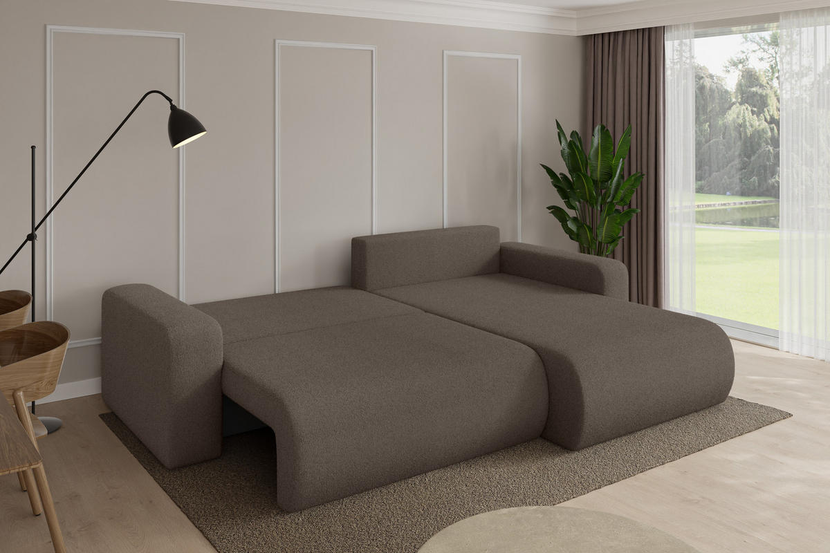 ROHOVÁ SEDAČKA s funkcí spaní, otoman vpravo BERY-L 276x193x88 hnědá bouclé - černá/hnědá, kompozitní dřevo/textil (276/193cm) - ALTDECOR