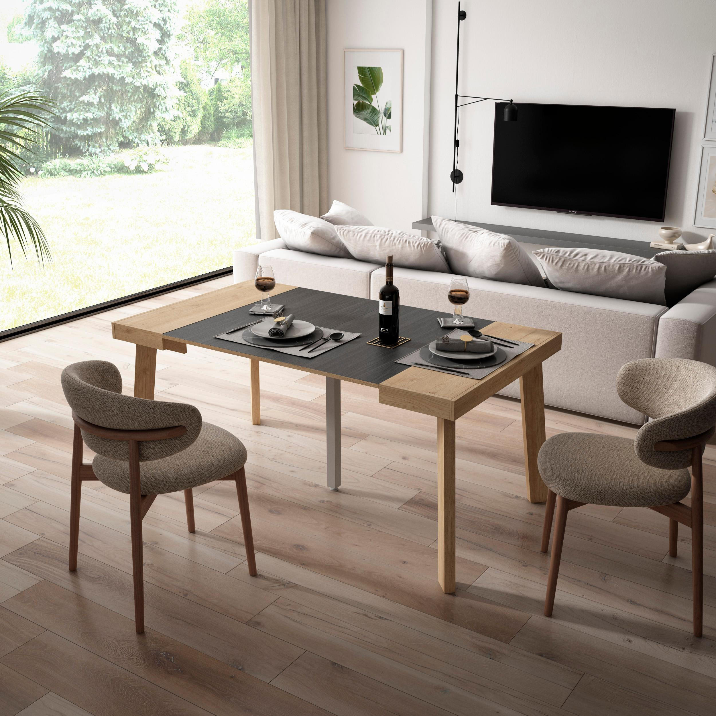 KONSOLENTISCH ausziehbar 58 bis 160cm, für 8 Gäste, eiche, schwarz, 90/58/73cm - Eichefarben/Schwarz, Holzwerkstoff (90/160/73cm) - Skraut Home