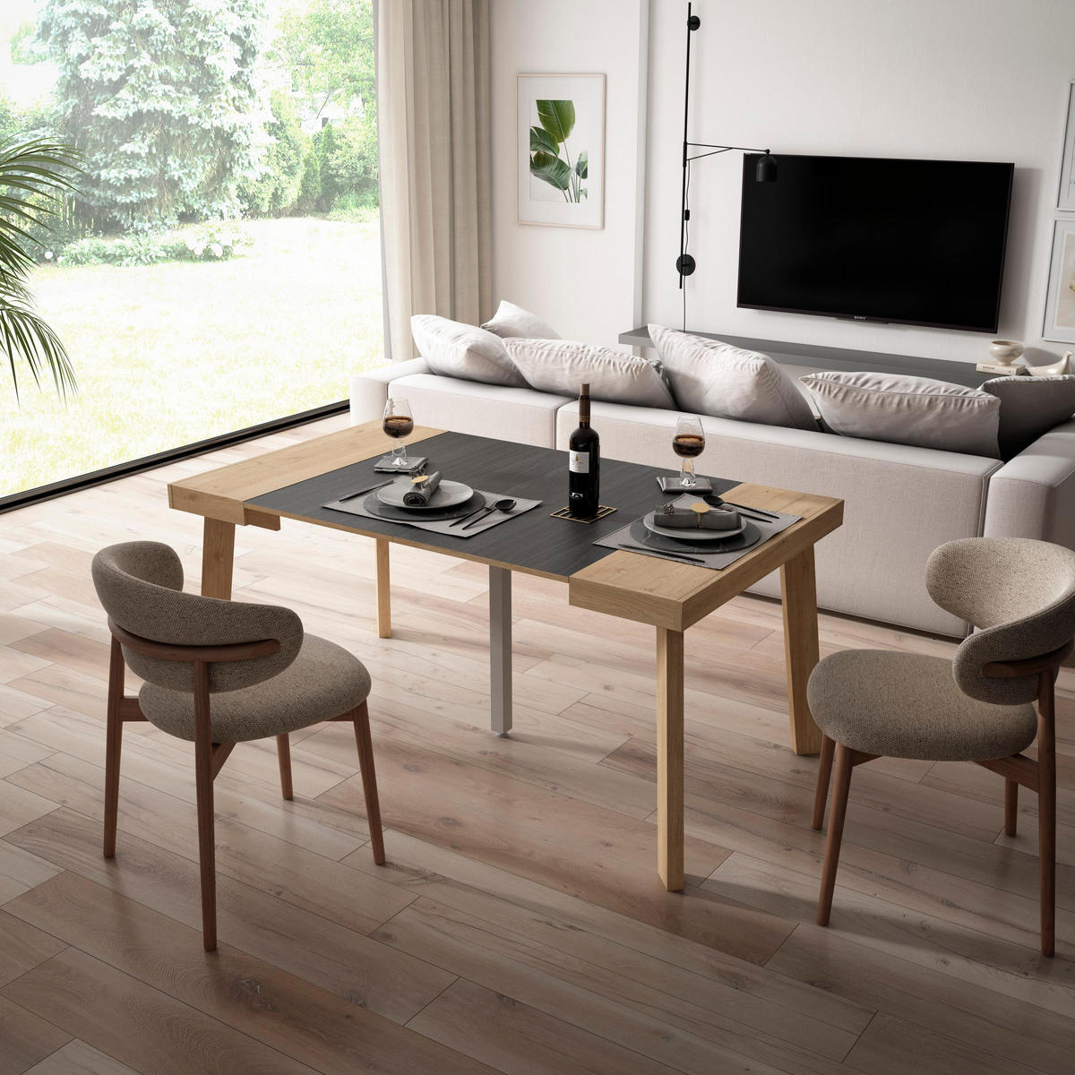 KONSOLENTISCH ausziehbar 58 bis 160cm, für 8 Gäste, eiche, schwarz, 90/58/73cm - Eichefarben/Schwarz, Holzwerkstoff (90/160/73cm) - Skraut Home