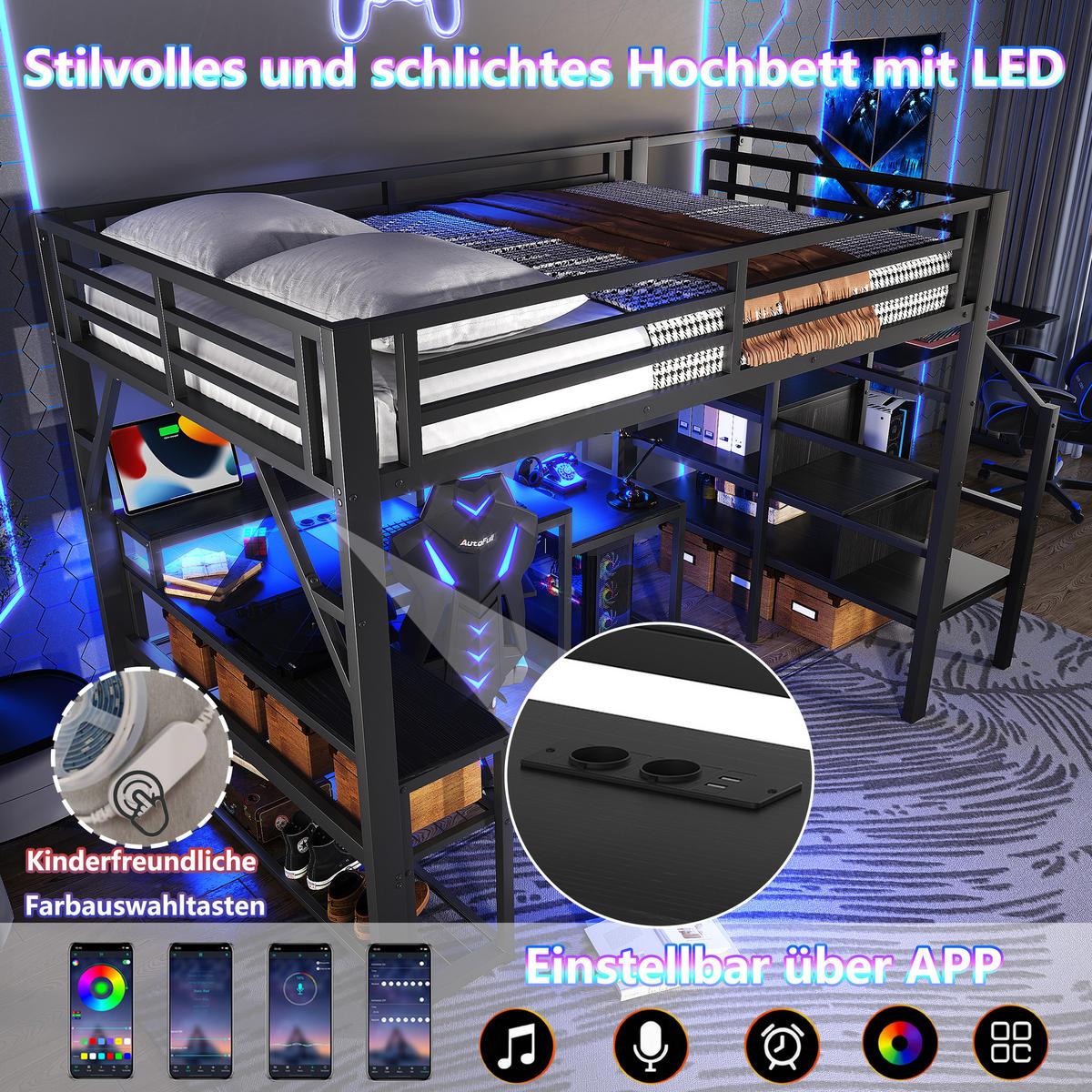 HOCHBETT 140x200cm Schwarz Metall LED-Licht Schreibtisch USB - Schwarz, Metall (140/200cm) - FLIEKS