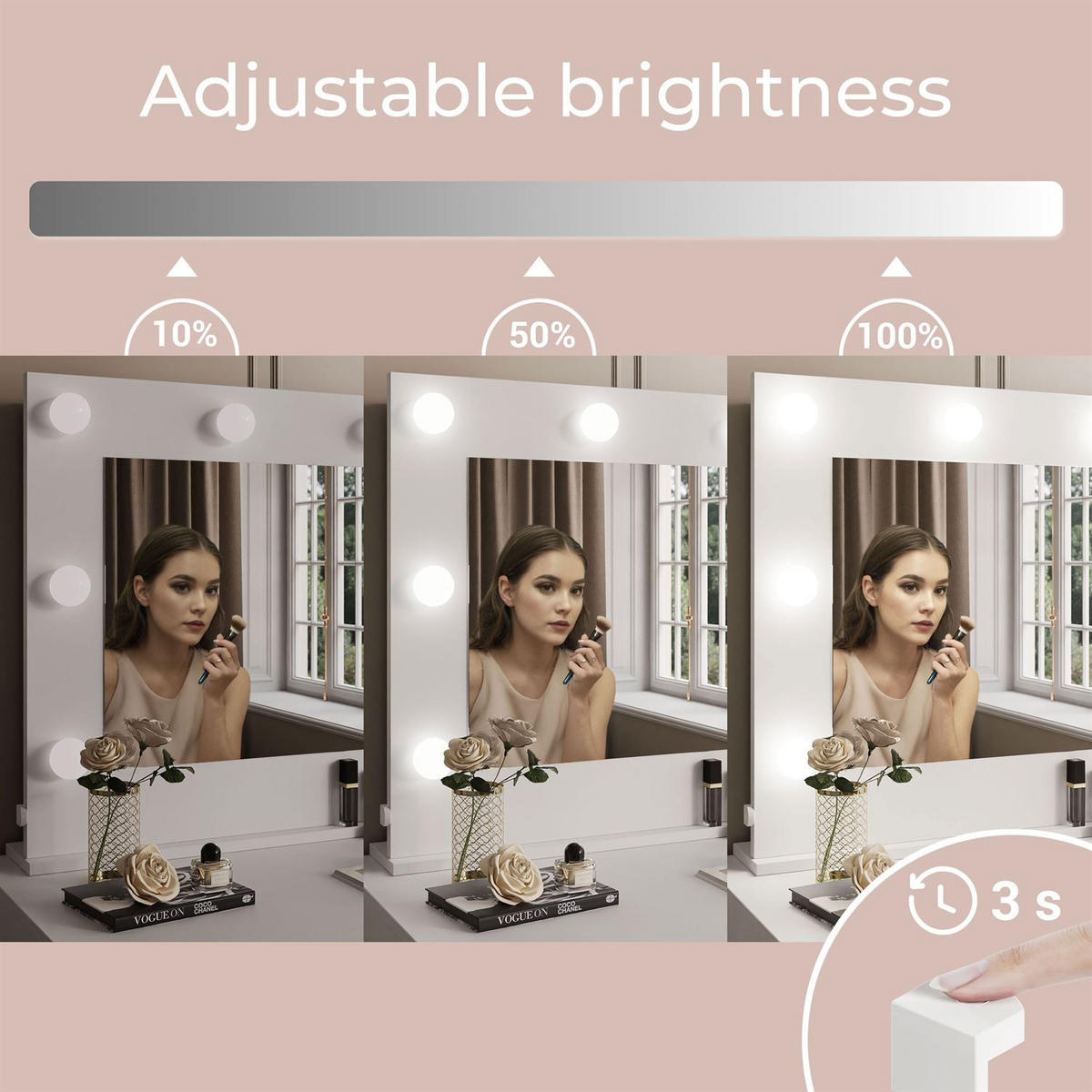 SCHMINKTISCH BLANCO mit Spiegel und Beleuchtung Gold Chrom Weiß Hochglanz Kristallgriff - Weiß Hochglanz/Goldfarben, Holzwerkstoff (100/146/42cm) - Lookway