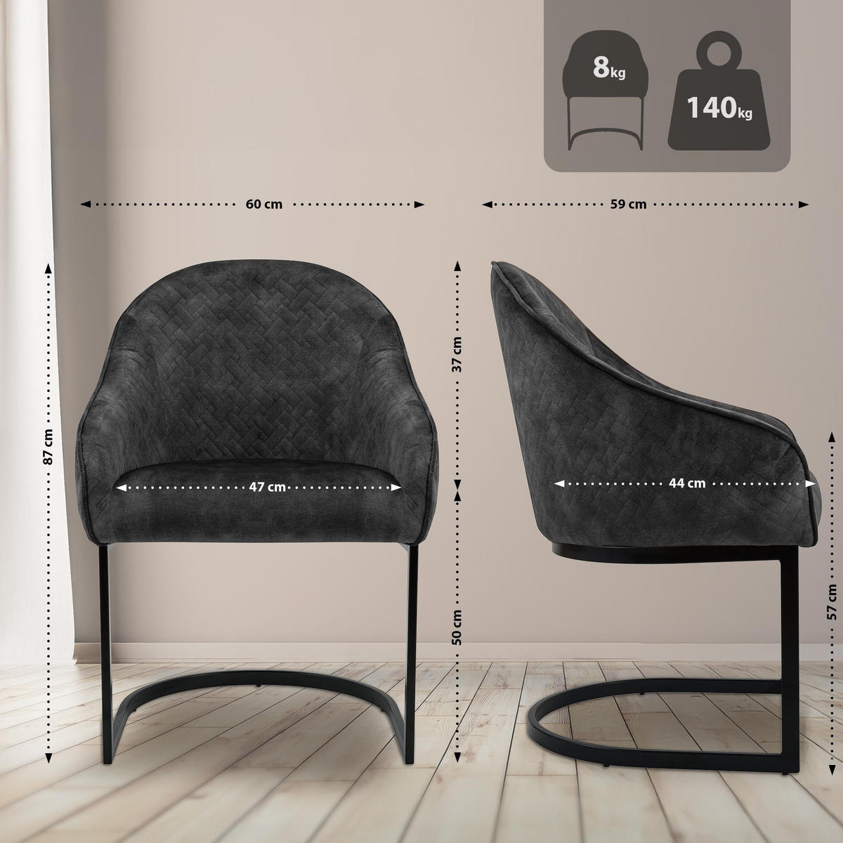 ESSZIMMERSTUHL Samt Dunkelgrau - Dunkelgrau/Schwarz, Textil/Metall (60/87/59cm) - CLP