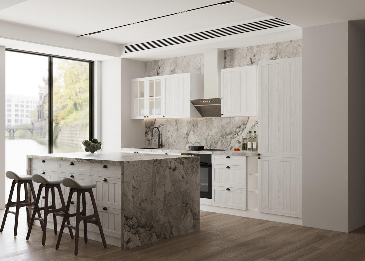 KÜCHENZEILE Mit Insel 340 cm - Provence K27-M340 - in Andersen Kiefer - Schwarz/Kieferfarben, Holz/Holzwerkstoff (340/212/60cm)