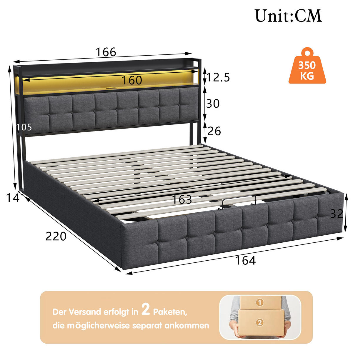 POLSTERBETT 160x200 cm Grau Leinen LED USB Typ-C - Grau, Metall (160/200cm) - SHOPENTRA