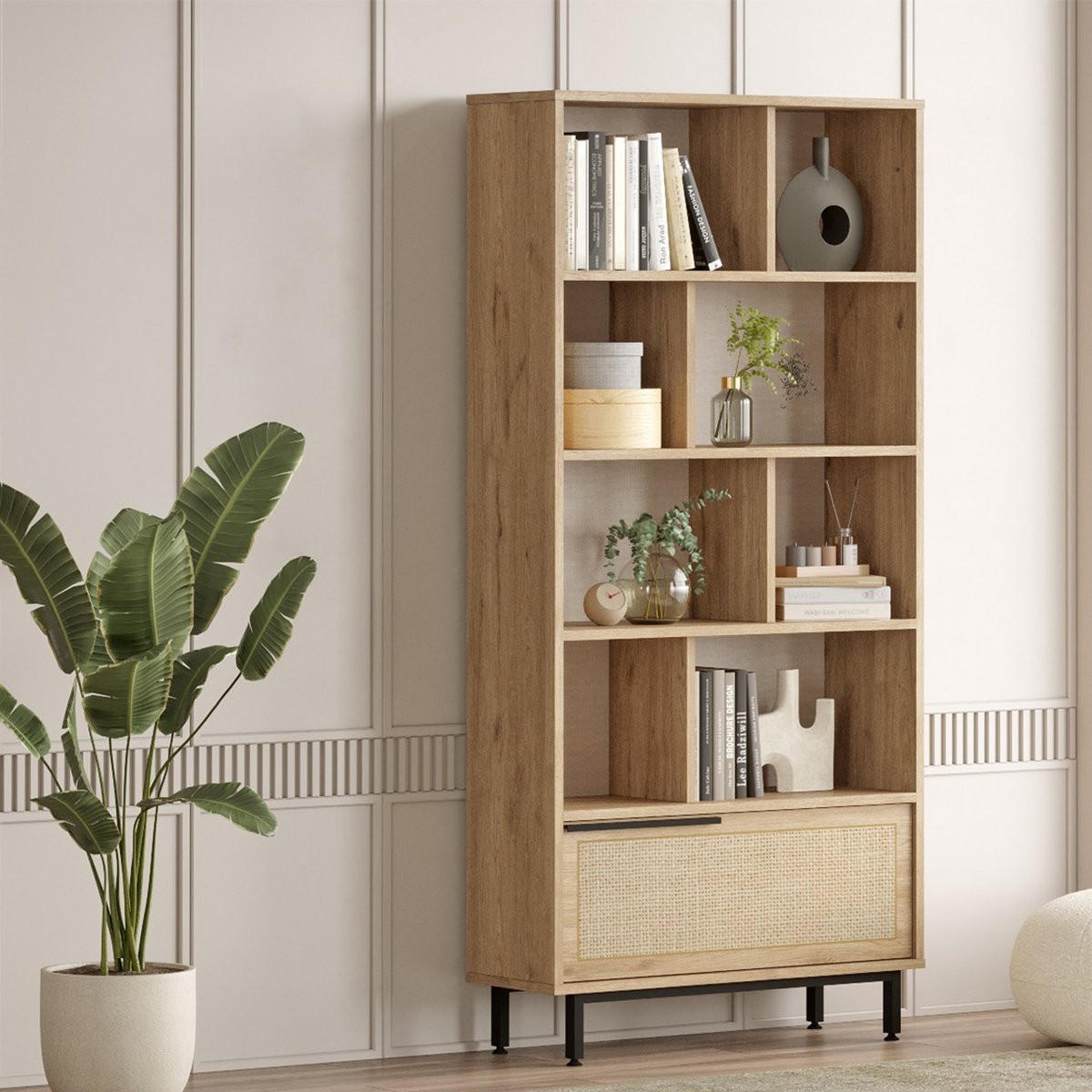 REGAL mit 9 Regalböden und 1 Tür, Eichen-Dekor und Rattan-Druck - H175,6 cm - Apfelbaumfarben, Holzwerkstoff (29.5/175.6/83.9cm) - Calicosy