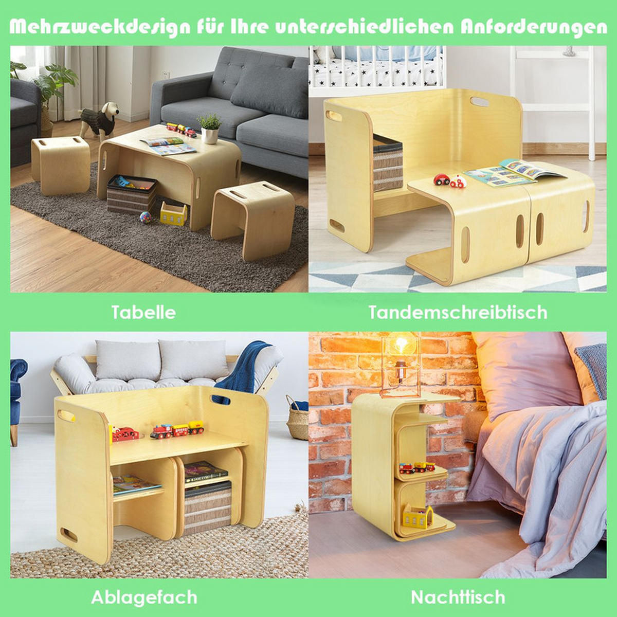 KINDERTISCH‑SET aus Birkenholz natur(3-tlg) - Naturfarben, Holz (66/51/41cm) - COSTWAY
