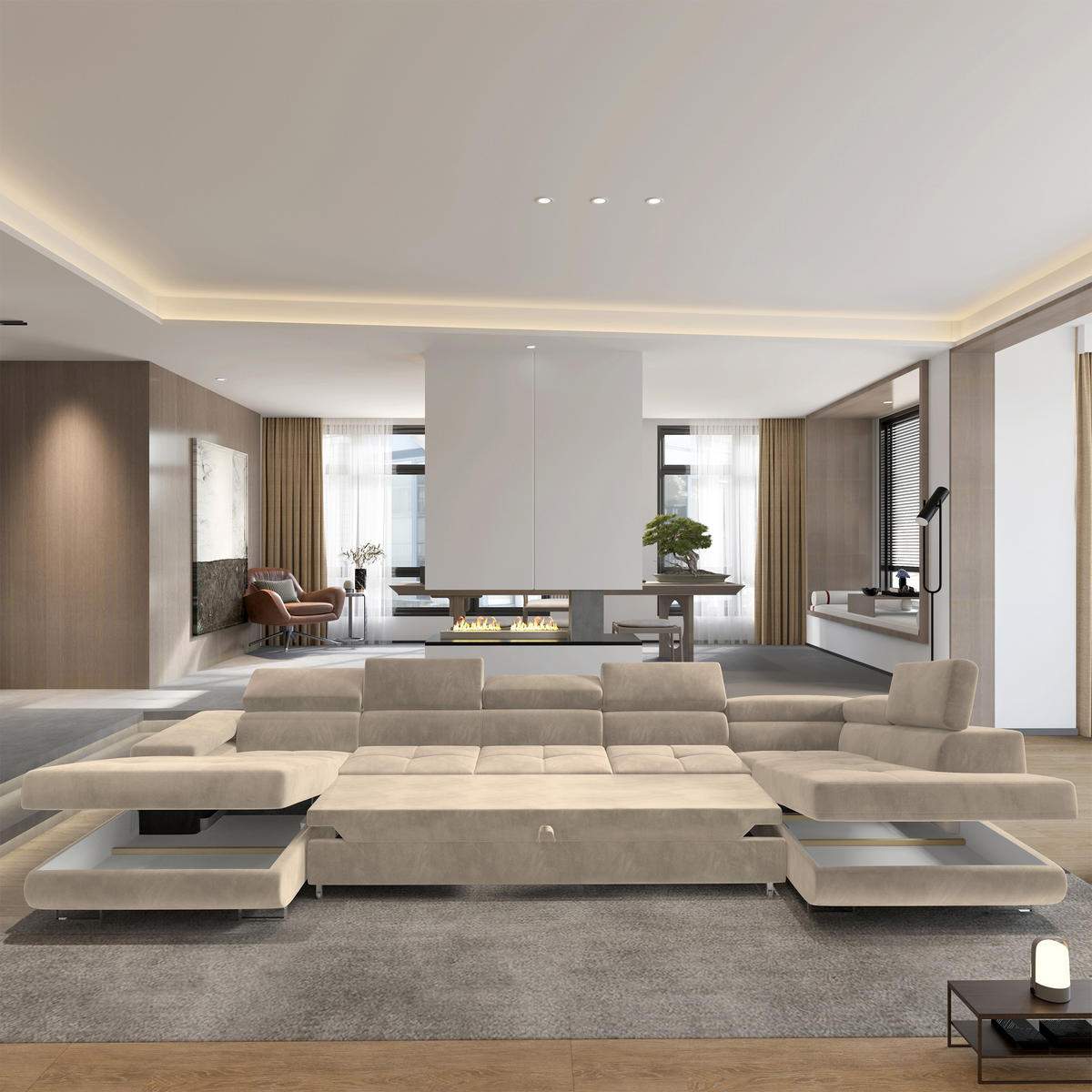 WOHNLANDSCHAFT TORIVA R-S Creme Velours-Stoff mit Schlaffunktion - Creme, Holz (418/90/202cm) - MASSENO