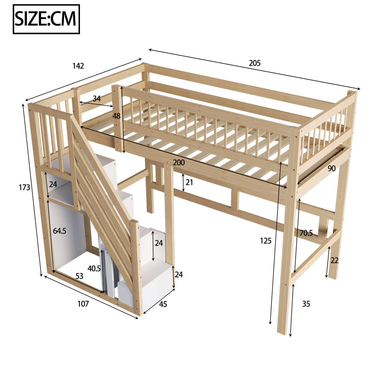 HOCHBETT aus Kiefernholz 90x200 cm Natur mit Stauraumtreppe - Naturfarben, Holzwerkstoff (90/200cm) - IVMEU