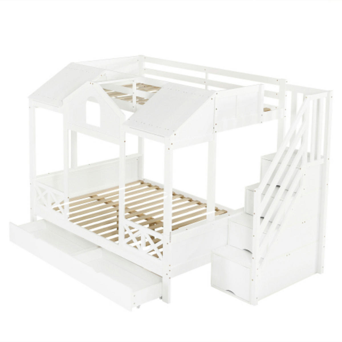 ETAGENBETT Kinderbett mit Spielhaus Design, 2 Schubladen, Treppenschrank mit 4 Fächern, für Liegeflächen 90x200 & 140x200, weiß - Weiß, Holzwerkstoff (140/200cm) - Luhomfu