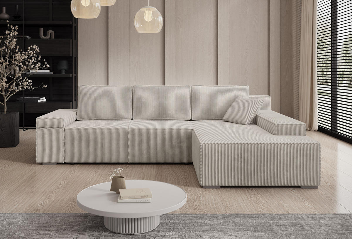 ECKSOFA Milo mit Schlaffunktion und Bettkasten, Couch L-Form, Cord-Stoff, 273x85x185 cm, Beige - Beige, Holz (273/185cm) - PROMETO Möbel