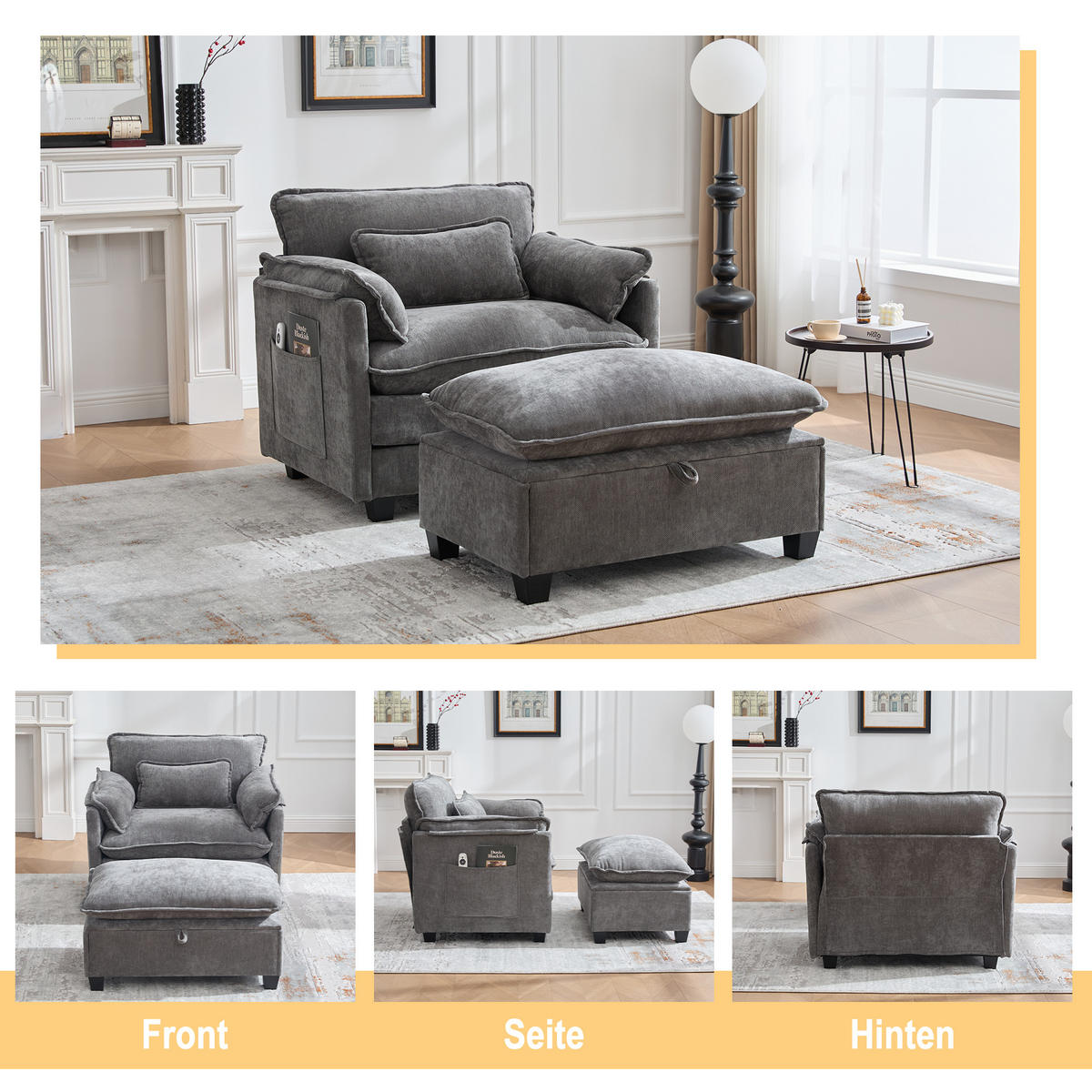 SOFASESSEL mit Hocker und Stauraum in Samt, 103 / 85 / 91 cm - Grau, Textil (85/91/103cm) - PARAFTA HOME