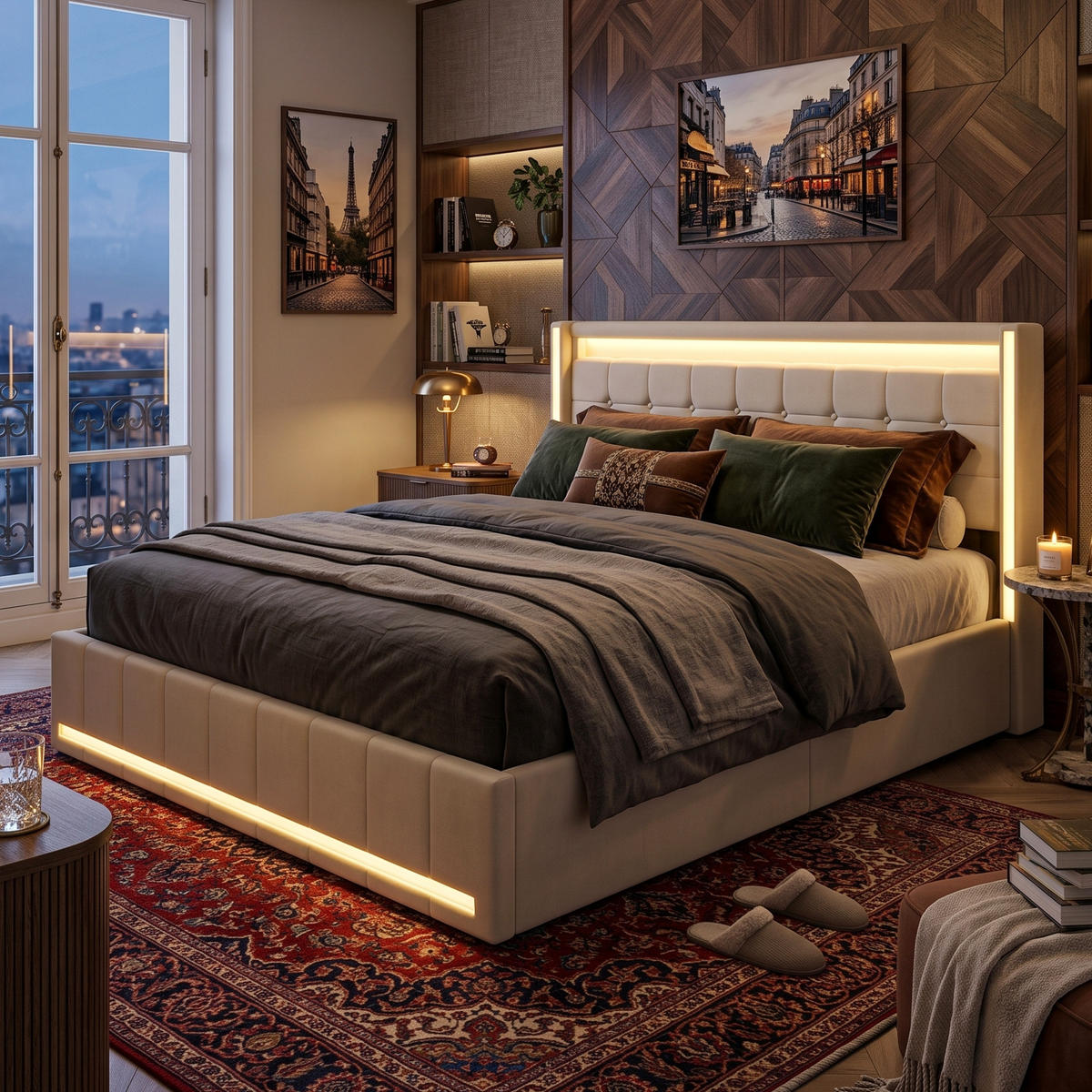 POLSTERBETT Geometrisch 180/200 cm mit 4 Schubladen & App-LED Leinenoptik Beige - Beige, Textil (180/200cm) - Creahappy