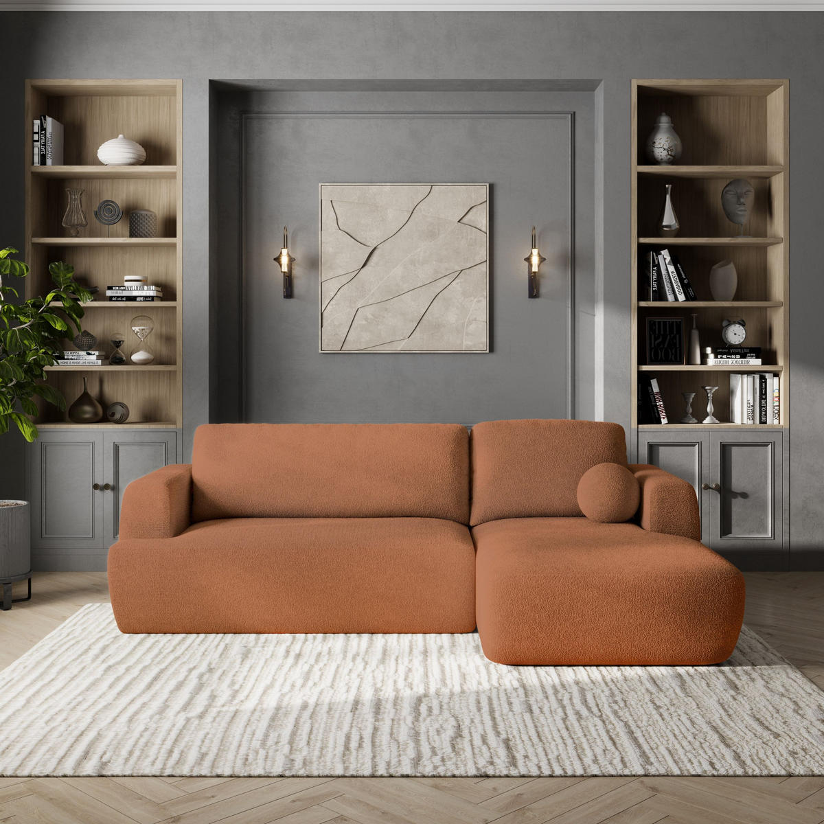 ECKSOFA SENTI N R-S Orange Boucle-Stoff mit Schlaffunktion - Schwarz/Orange, Holz/Kunststoff (246/148cm) - MASSENO