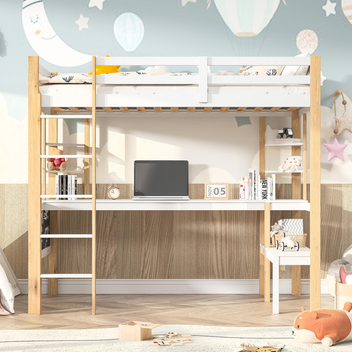 ETAGENBETT 90x200 Weiß mit Treppe - Weiß, Metall (90/200cm) - SHOPENTRA