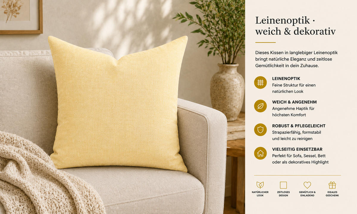 KISSENBEZUG Leinenoptik 50/50 cm Gelb - Gelb, Textil (50/50cm) - TiborTex
