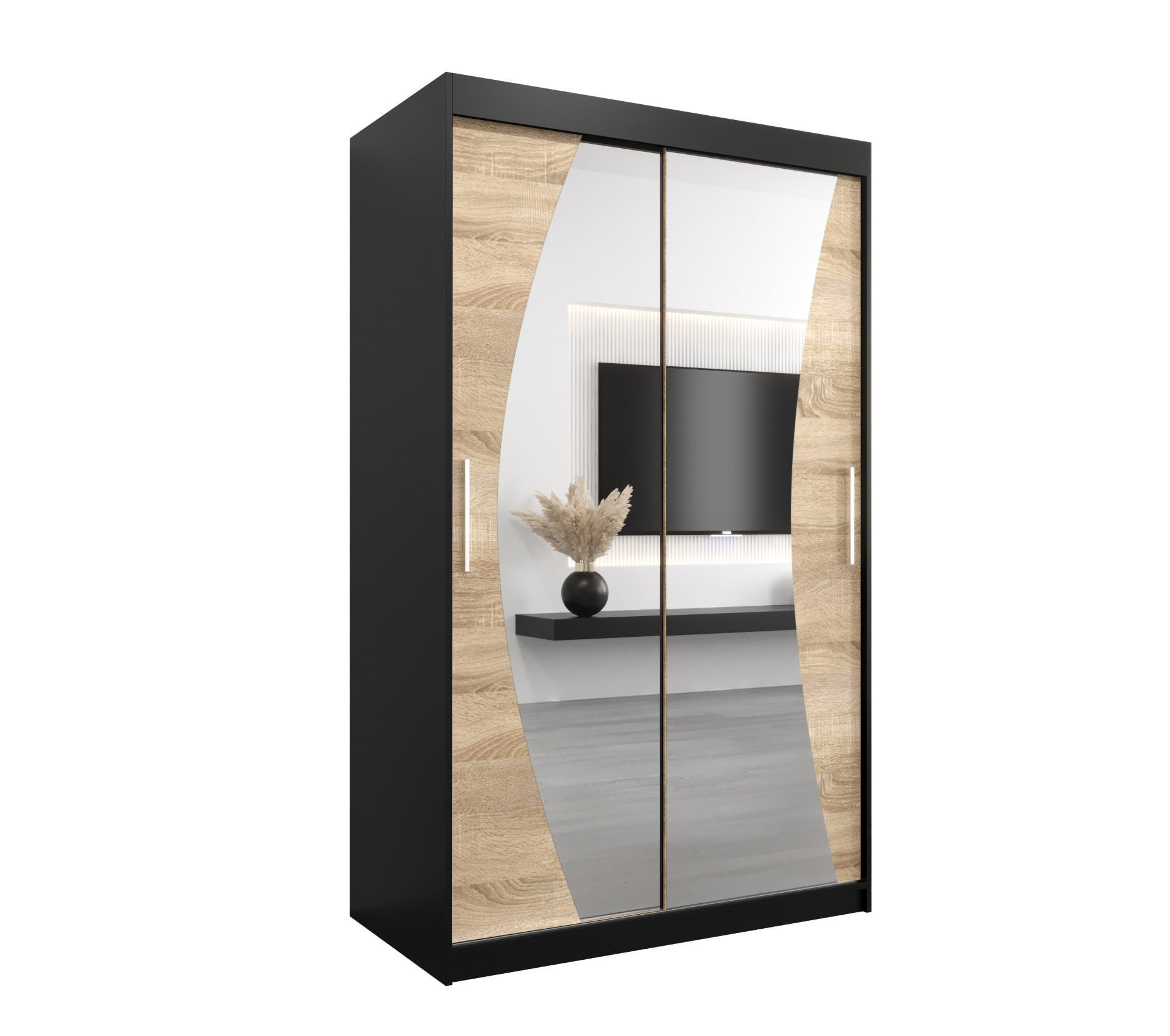 Abiks Möbel Schwebetürenschrank Schwarz, Sonoma Eiche 120x200x62 cm