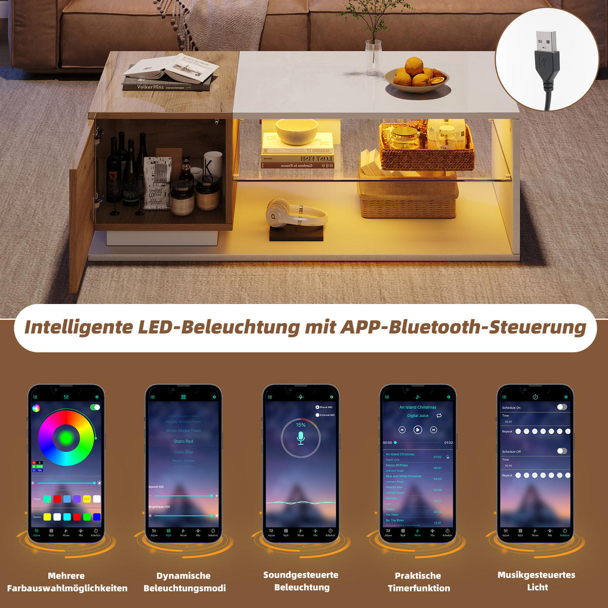 COUCHTISCH LED Hochglanz 105x50x36cm mit Stauraum und Beleuchtung - Multicolor, Holzwerkstoff (105/50/36cm) - FLIEKS