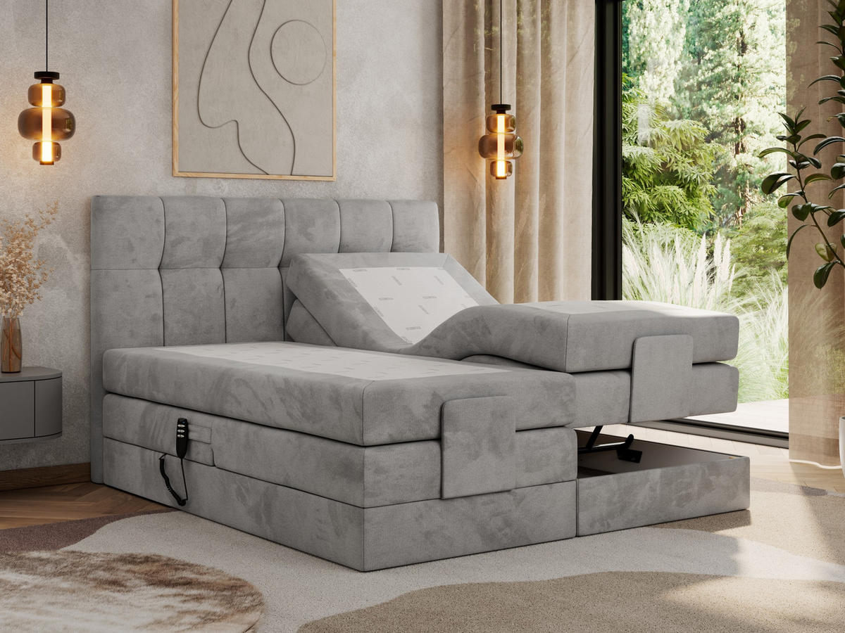 BOXBETT VITTORIA 140/200 - Hellgrau Velvet - H3 - Hellgrau, Holz/Textil (140/200cm) - MKS