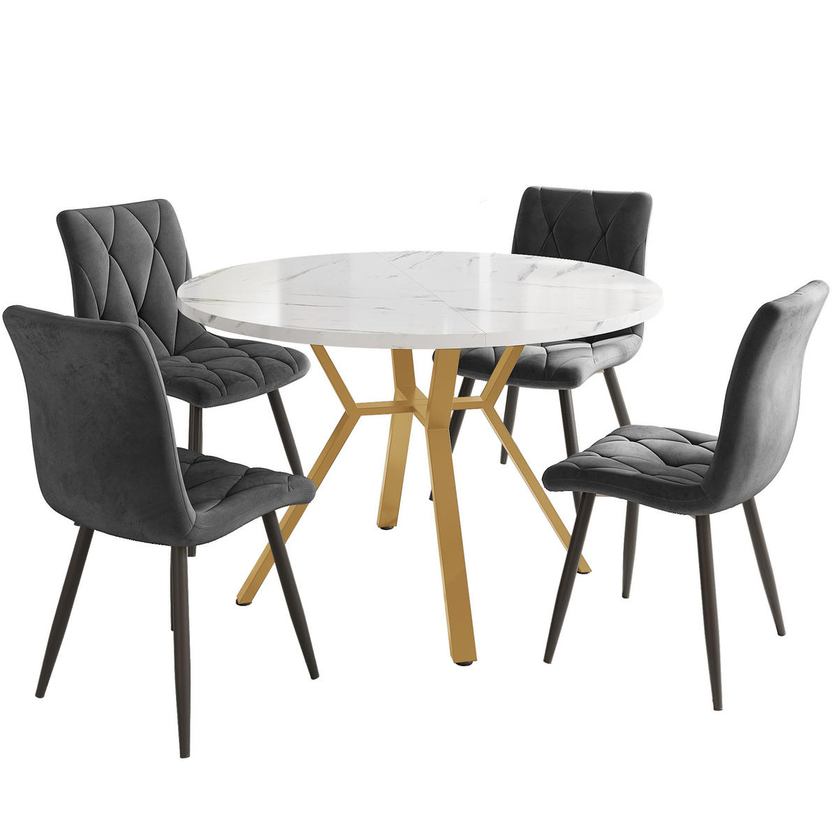ESSTISCHSET 5-Teilig Rund Marmor, Goldene Beine, 4 Graue Samtstühle - Grau, Metall (100/75/100cm) - FLIEKS