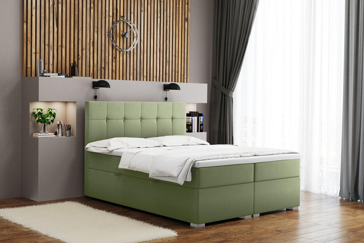 BOXBETT Mit Matratze Und Bettkasten LINDT Stoff Velvet 180x200 cm Hellgrün H2-Pocket - Hellgrün, Holz/Holzwerkstoff (180/200cm) - Kaiser Möbel