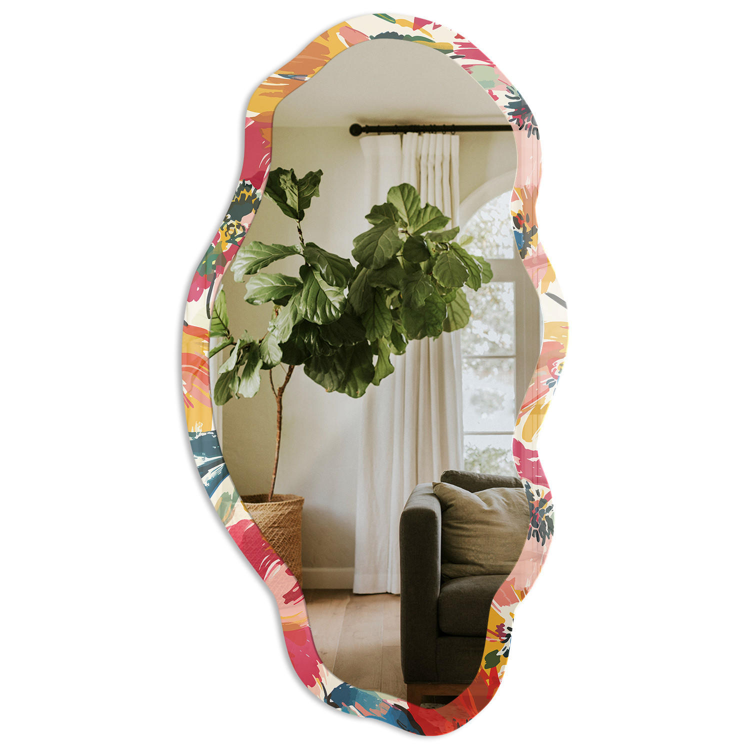 SPIEGEL 90x45 cm asymmetrisch mit Druck - Blumenmuster - Transparent, Glas (45/90/0.4cm) - TULUP