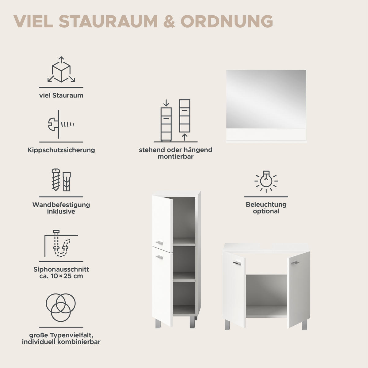 BADKOMBINATION 3tlg. Boston/Tampa Bad in weiß Nachbildung - modernes Design - B/H/T: 102x186x33 cm - Weiß, Holzwerkstoff (102/186/33cm)