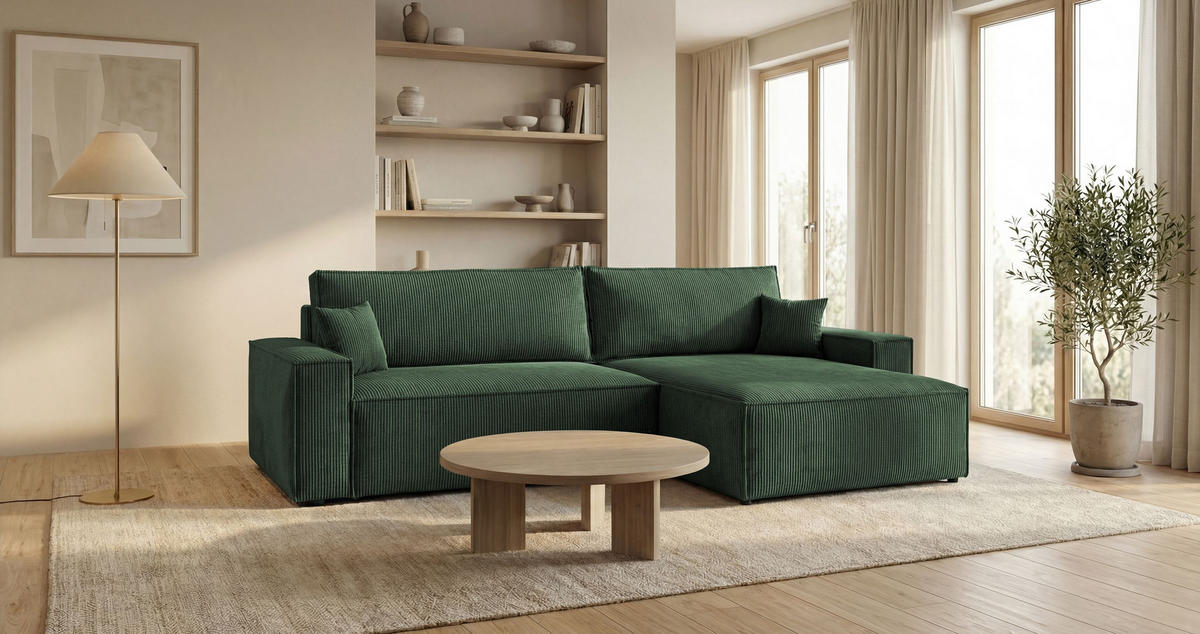 ROHOVÁ pohovka VIENNA pravá zelená manšestr Poso 14 - funkce spaní, úložný prostor - zelená barva, textil (285/184cm) - Cornero