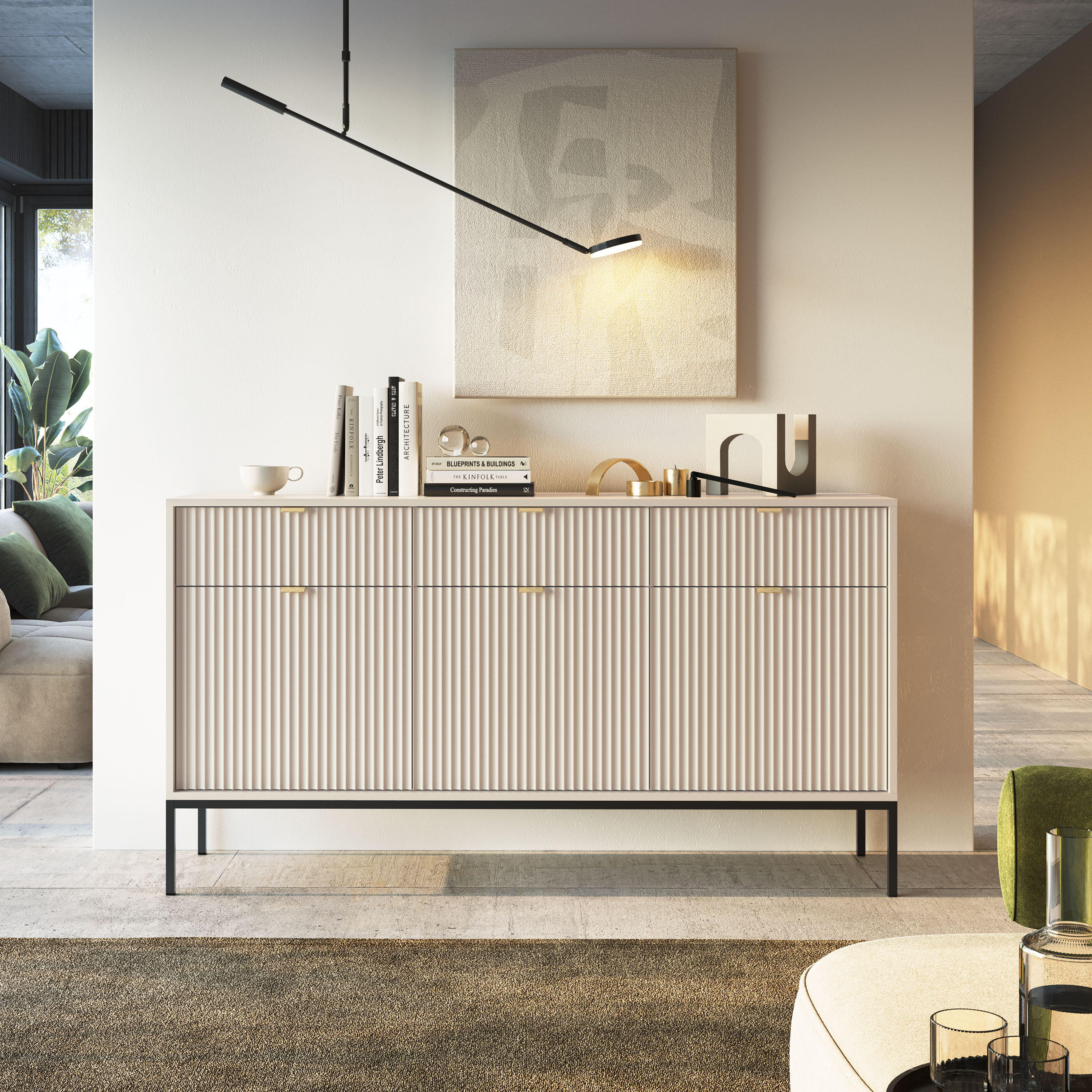 SIDEBOARD STELLARE 154/83/39cm mit 3 Schubladen 3 Türen Kaschmir - Kaschmir/Goldfarben, Holzwerkstoff (154/83/39cm) - MASSENO