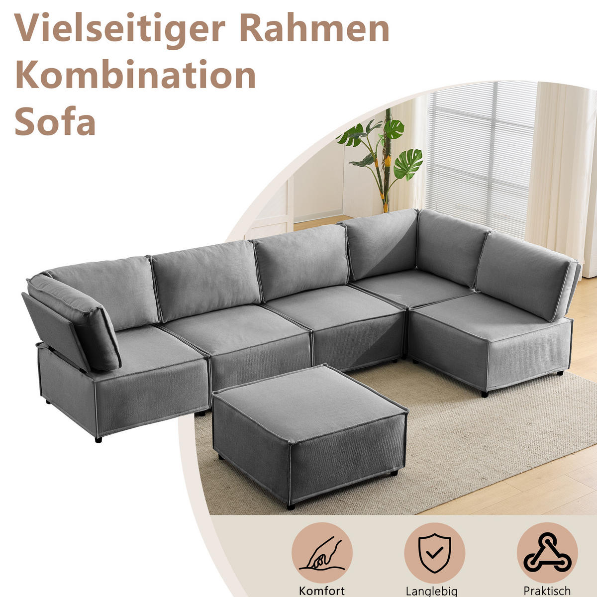 ECKSOFA mit Schlaffunktion und frei kombinierbaren Elementen, Hellgrau - Hellgrau, Kunststoff (308/152cm) - Redom
