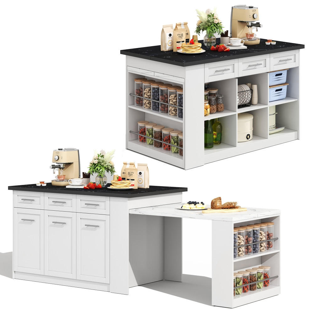 KÜCHENINSEL MIT ESSTISCH ausziehbar, Marmor-Optik, Weiß-Schwarz, 150/90/90 cm - Weiß, Kunststoff (90/90/150cm) - Rolipo