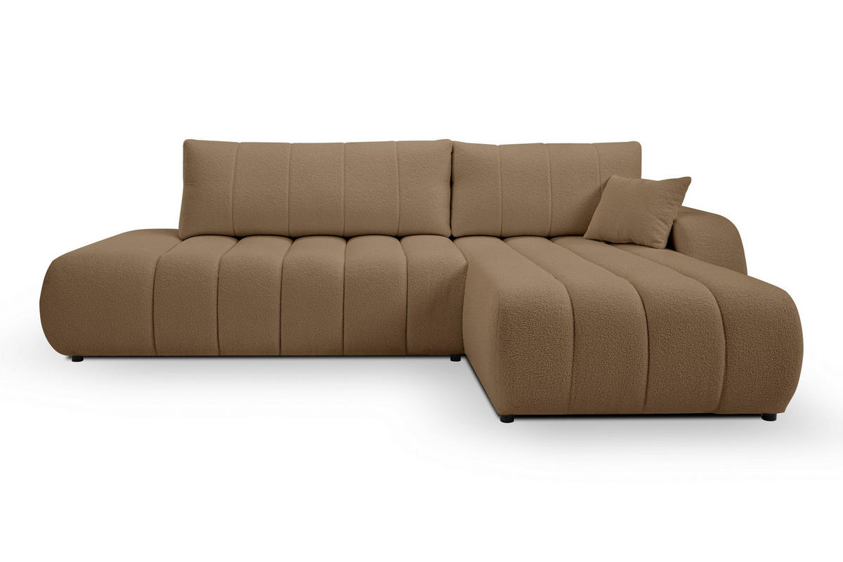 ECKSOFA GIOIA R-S Braun Boucle-Stoff mit Schlaffunktion - Braun, Holz (276/176cm) - MASSENO