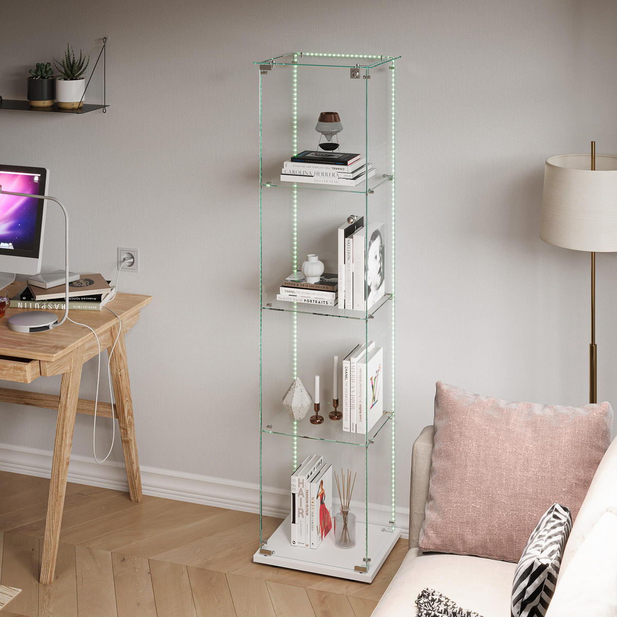 GLASVITRINE mit 4 Ablagen, LED-Lichtleiste, Doppeltüren, Weiß - Weiß, Glas (39.8/163/35cm) - BRILVERDE