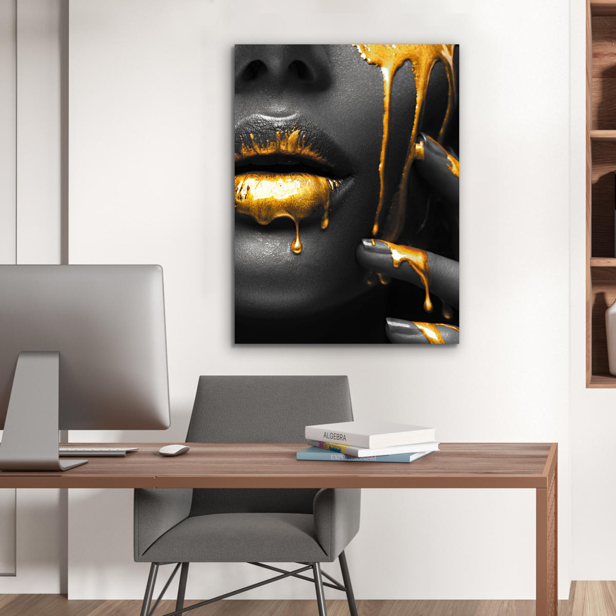 METALLBILD Frau - Schwarz - Gold - Gesicht - Lippen 60x80 cm - Goldfarben, Metall (60/80cm) - MuchoWow