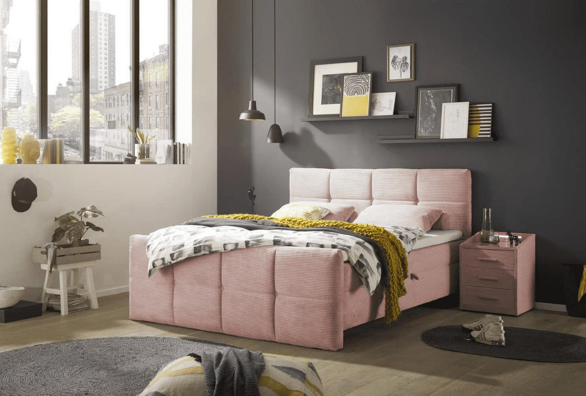 BOXBETT Breitcord, 7-Zonen-Tonnentaschen-Federkernmatratze, HR-30 Topper, Bettkasten - Beige/Schwarz, Holz/Kunststoff (180/200cm) - ed exciting design