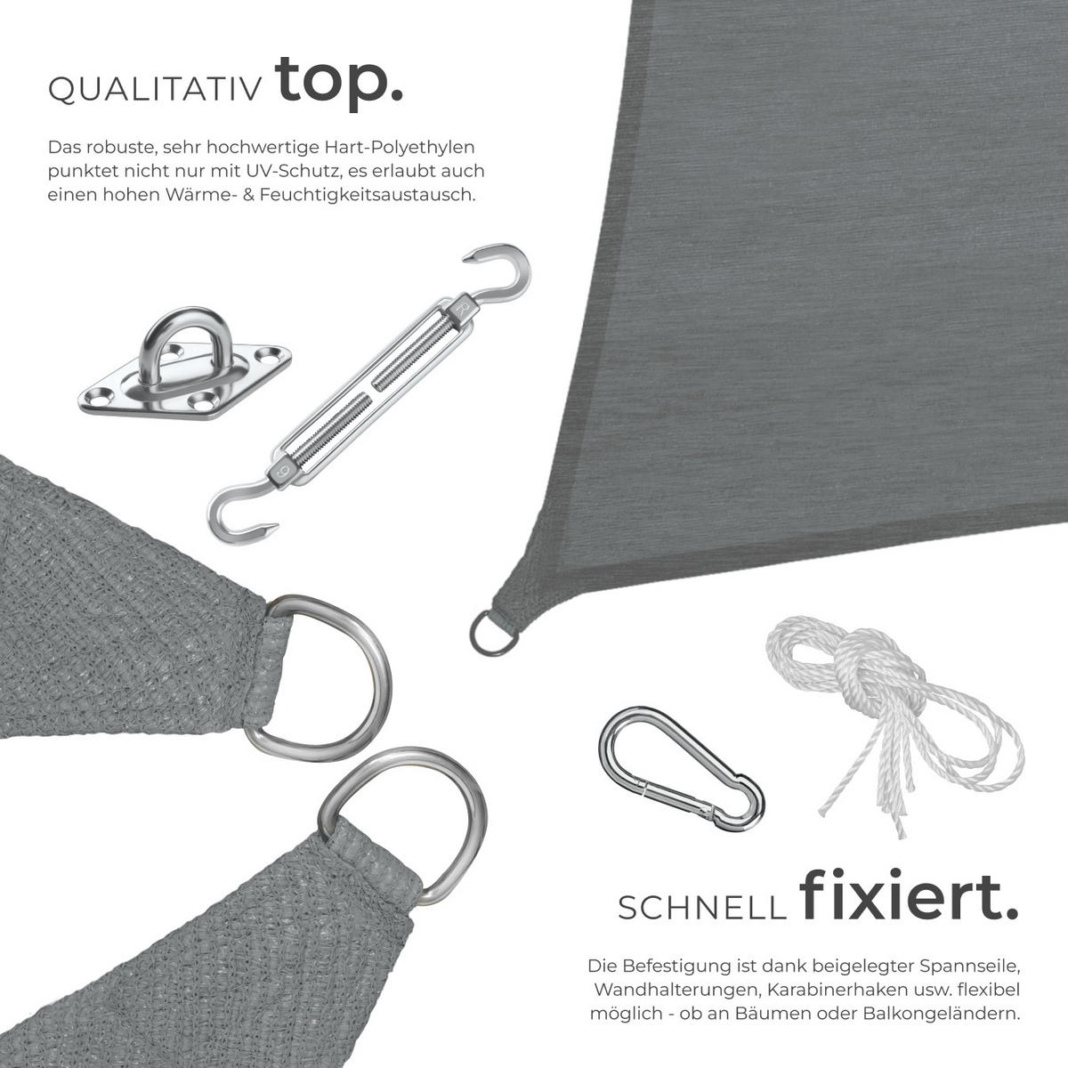 SONNENSEGEL Sunny,umfangreiches Montagematerial,grau - Grau, Kunststoff (300/200cm) - tectake