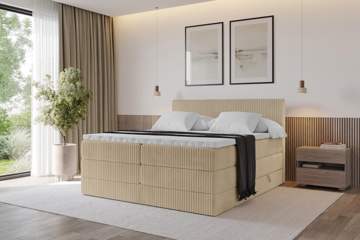 BOXSPRINGBETT mit Matratze H3|H4 und Lattenrost - TOLO KING 140x200 Cord - Beige - Beige, Holzwerkstoff (140/200cm) - ALTDECOR
