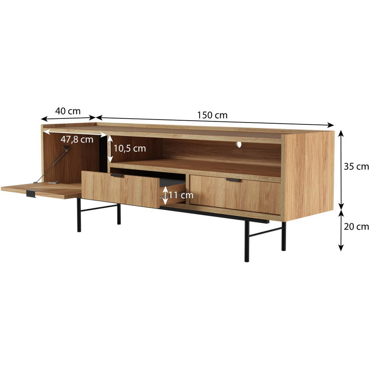 LOWBOARD Evron mit 2 Schubalden und 1 Tür, Walnuss - Eichefarben/Schwarz, Holzwerkstoff/Metall (150/55/40cm) - Beautysofa