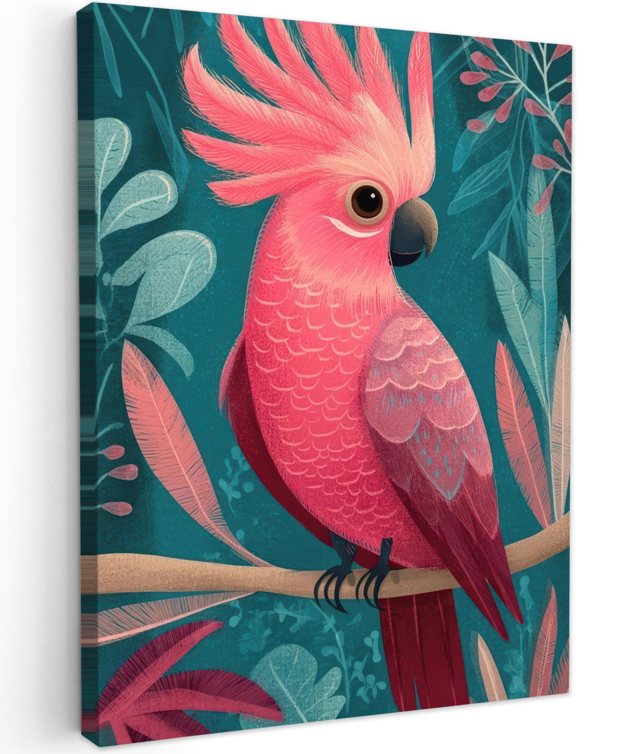 LEINWANDBILD Kakadu - Tropische Blätter - Zweig Wandbild Wohnzimmer 60x80 cm - Petrol, Textil (60/80cm) - MuchoWow