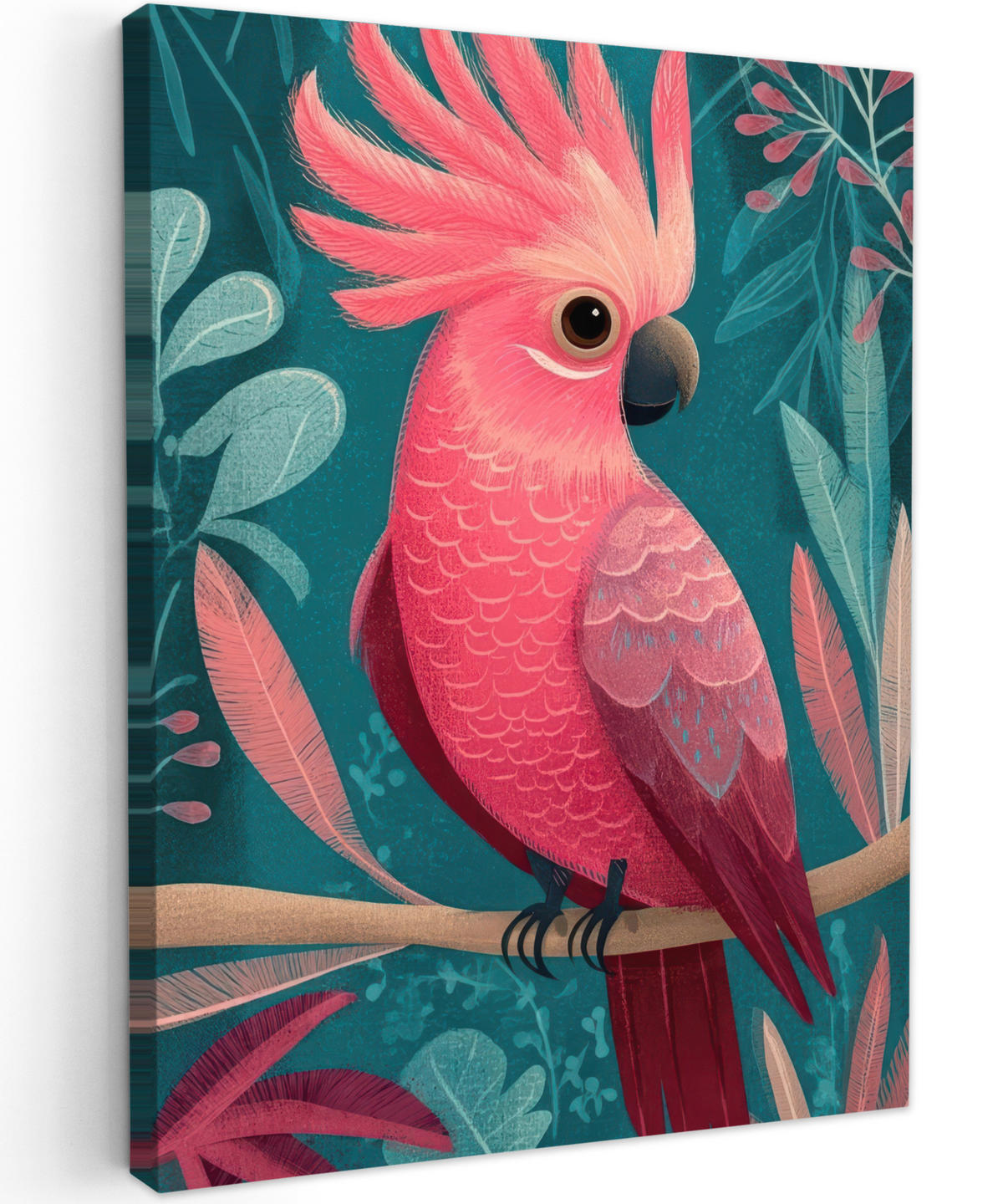 LEINWANDBILD Kakadu - Tropische Blätter - Zweig Wandbild Wohnzimmer 60x80 cm - Petrol, Textil (60/80cm) - MuchoWow