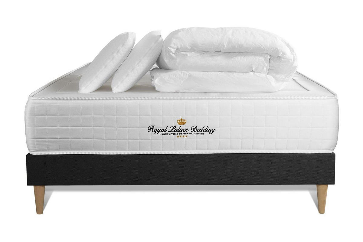 BETT Windsor Taschenfederkern und Memory-Schaum 140 x 200 cm h1 - Kit Bettgestell Schwarz - Mit Kissen und Bettdecke - Beige/Schwarz, Holz/Textil (140/200cm) - ROYAL PALACE BEDDING
