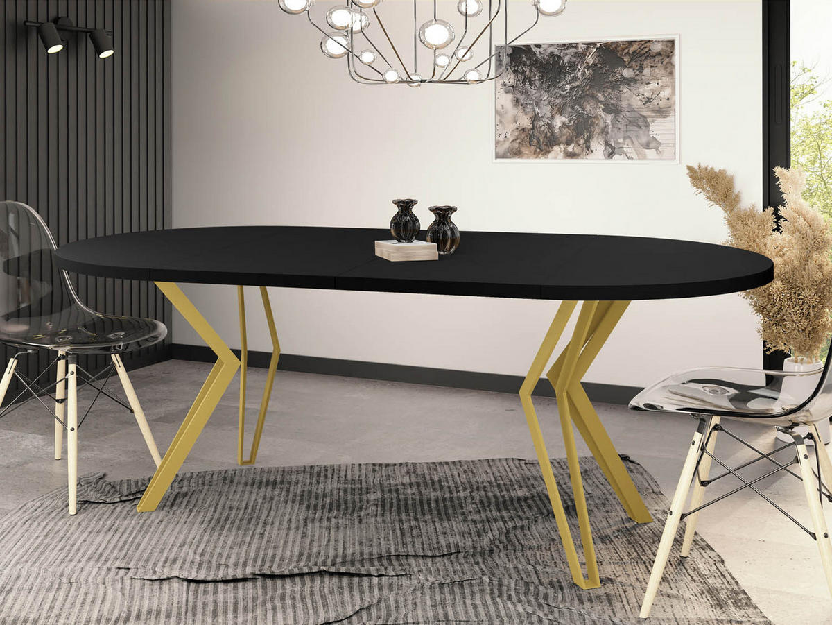 ESSTISCH Daisy runder ausziehbarer, Schwarz 100-180/100/76 cm - Goldfarben/Schwarz, Holzwerkstoff/Metall (100/100/76cm) - WFL GROUP