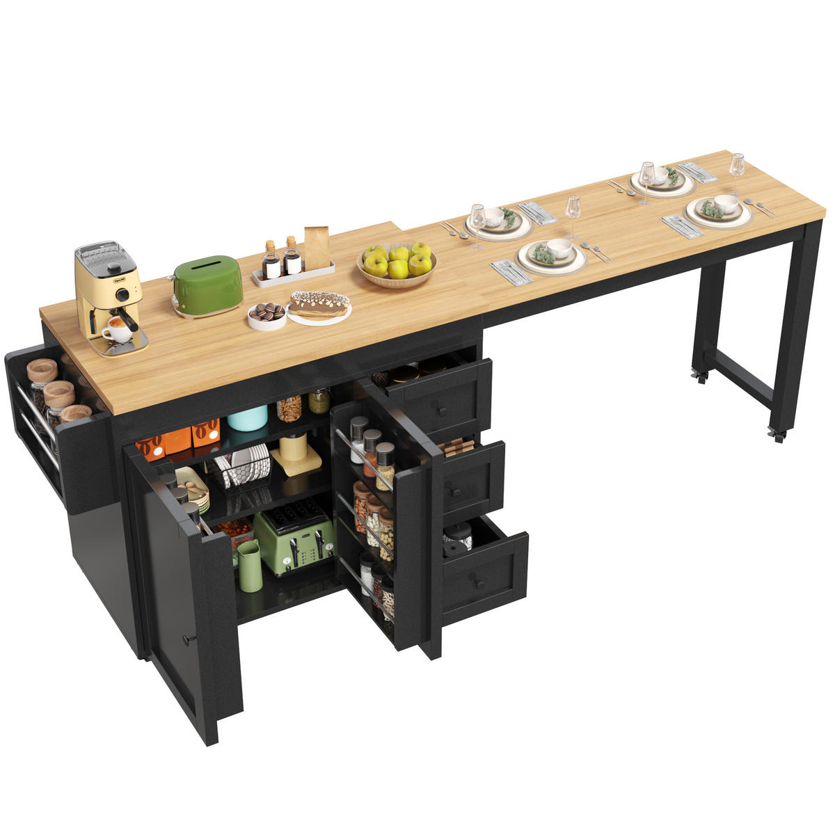 KÜCHENINSEL DE-38369 116/179 cm ausziehbar mit 3 Schubladen und Rollen Weiß - Schwarz, Holzwerkstoff (116/89/45cm) - ComfortXL