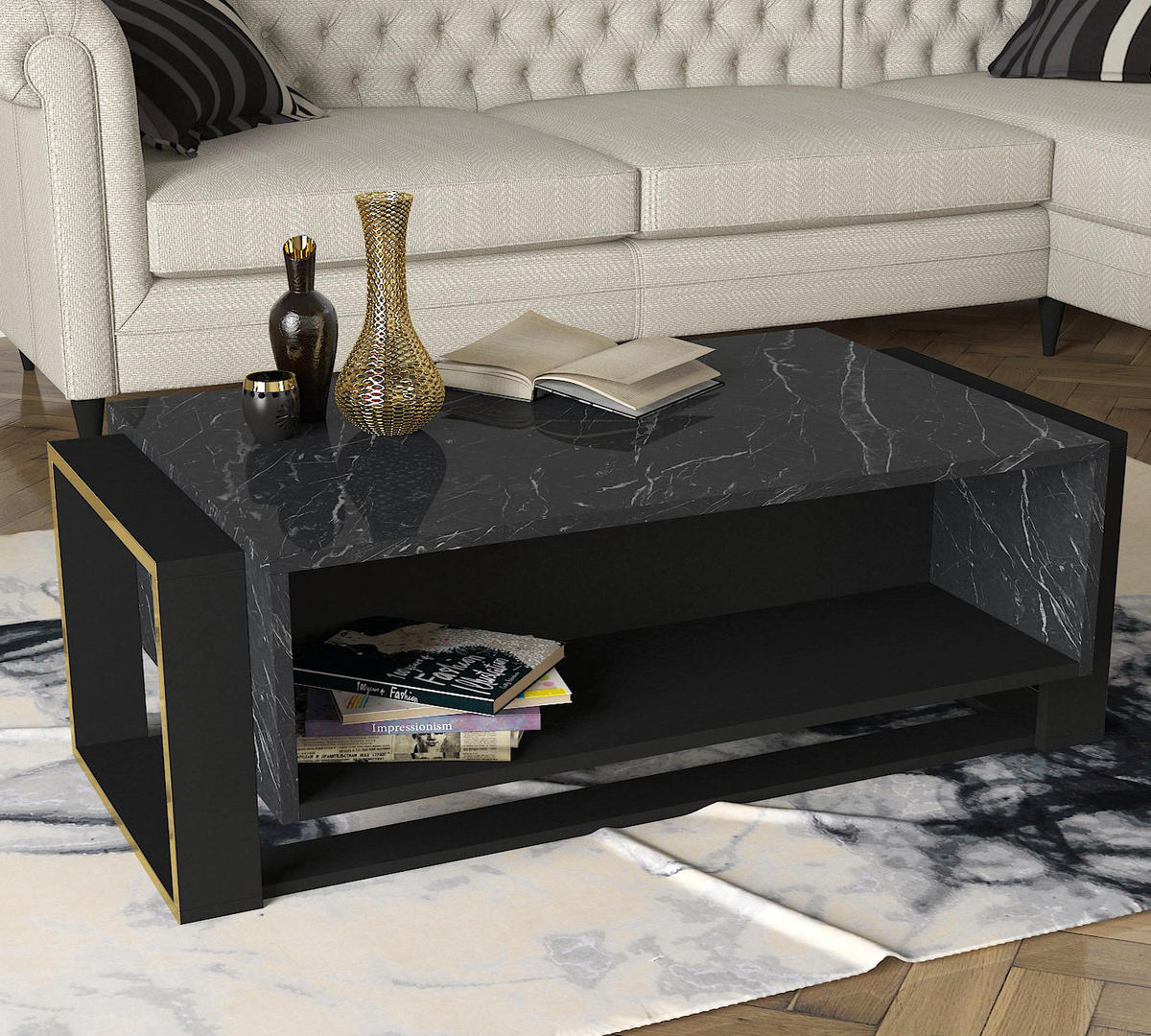 COUCHTISCH Bianco Rebab Braun Dunkelgrau ( Marmor Optik ) - Dunkelgrau/Schwarz, Holzwerkstoff (60/107/41cm) - moebel17