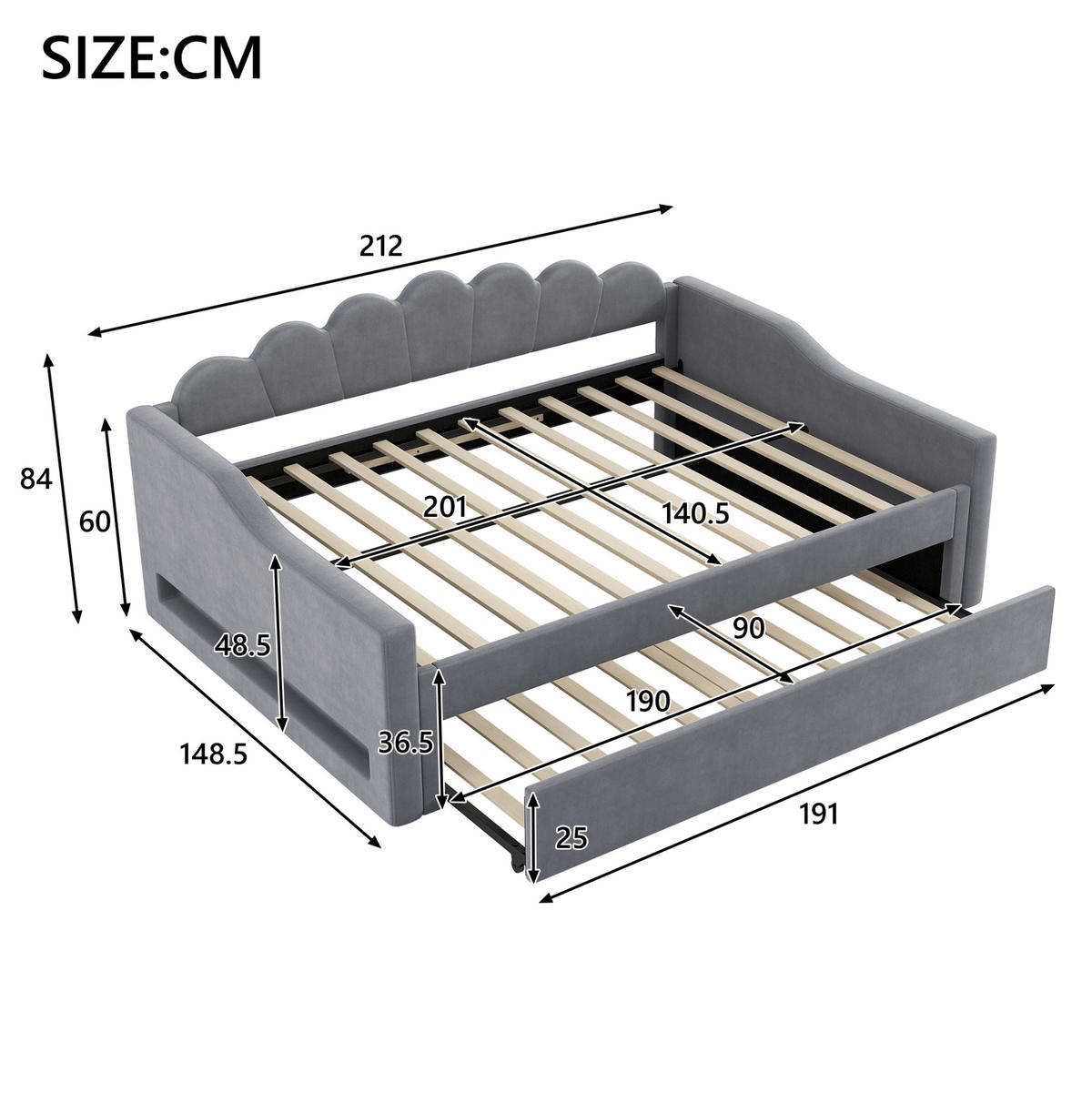 KREVET 140/200 cm s LED osvjetljenjem i izvlačnim ležajem, Siva - siva, drvni materijal (140/200cm) - Redom
